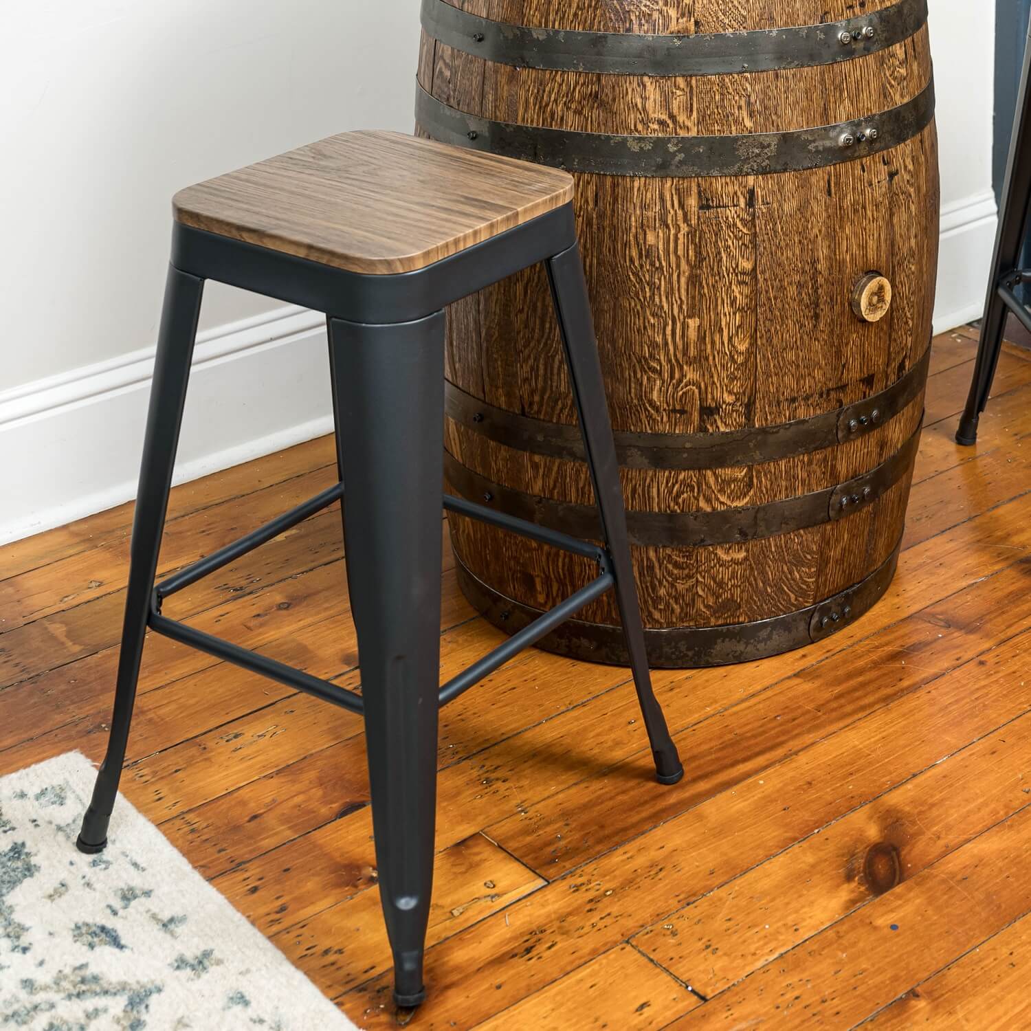 Black Metal Stools w/ Solid Wood Seat - Image 3