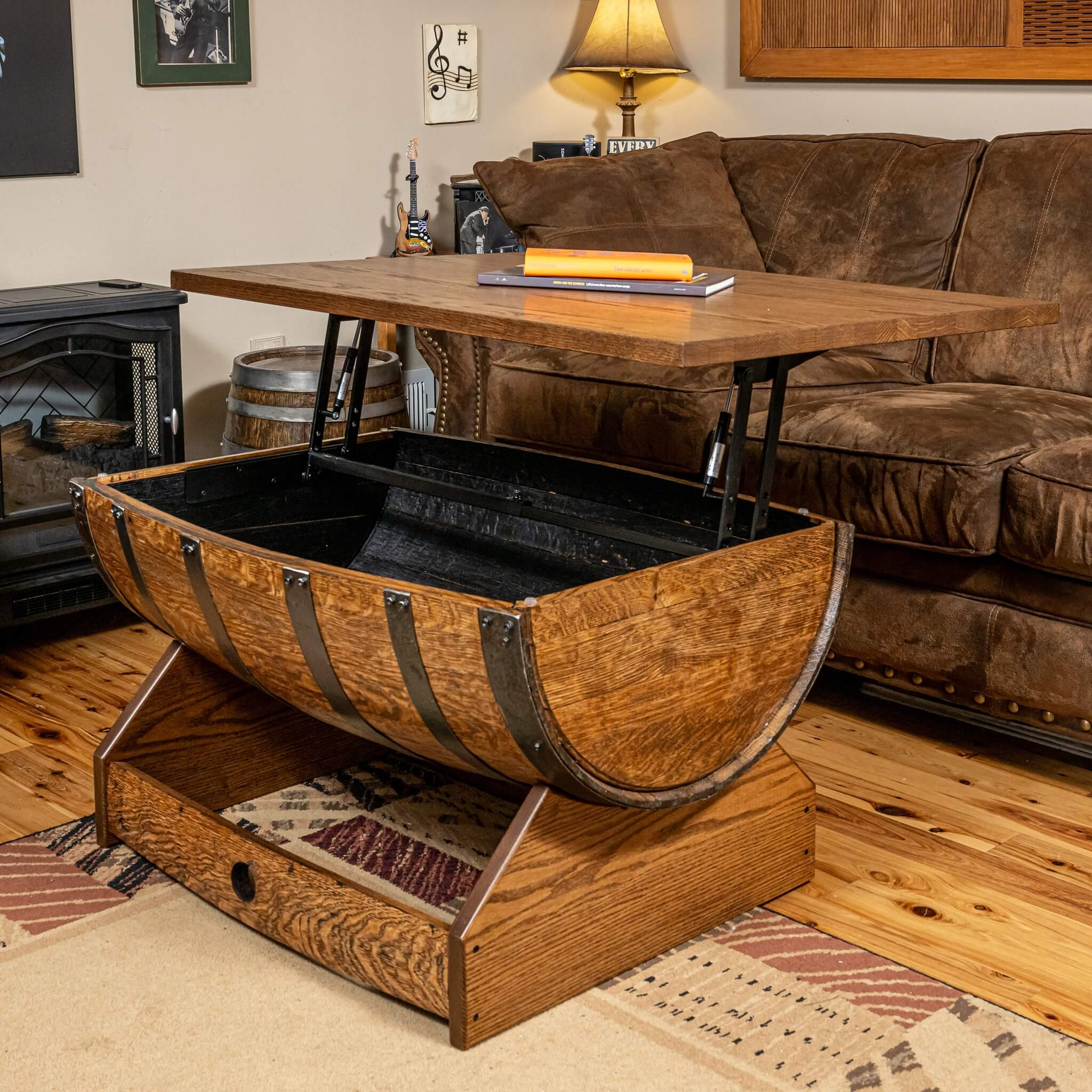 Whiskey Barrel Rectangular Coffee Table w/ Lifting Top - Image 11